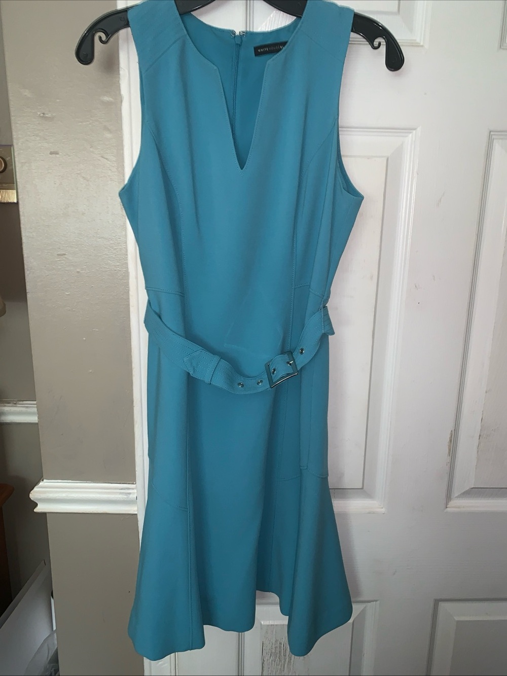 WHBM BLUE OASIS AQUA FIT FLARE BELTED DRESS Sz 4P